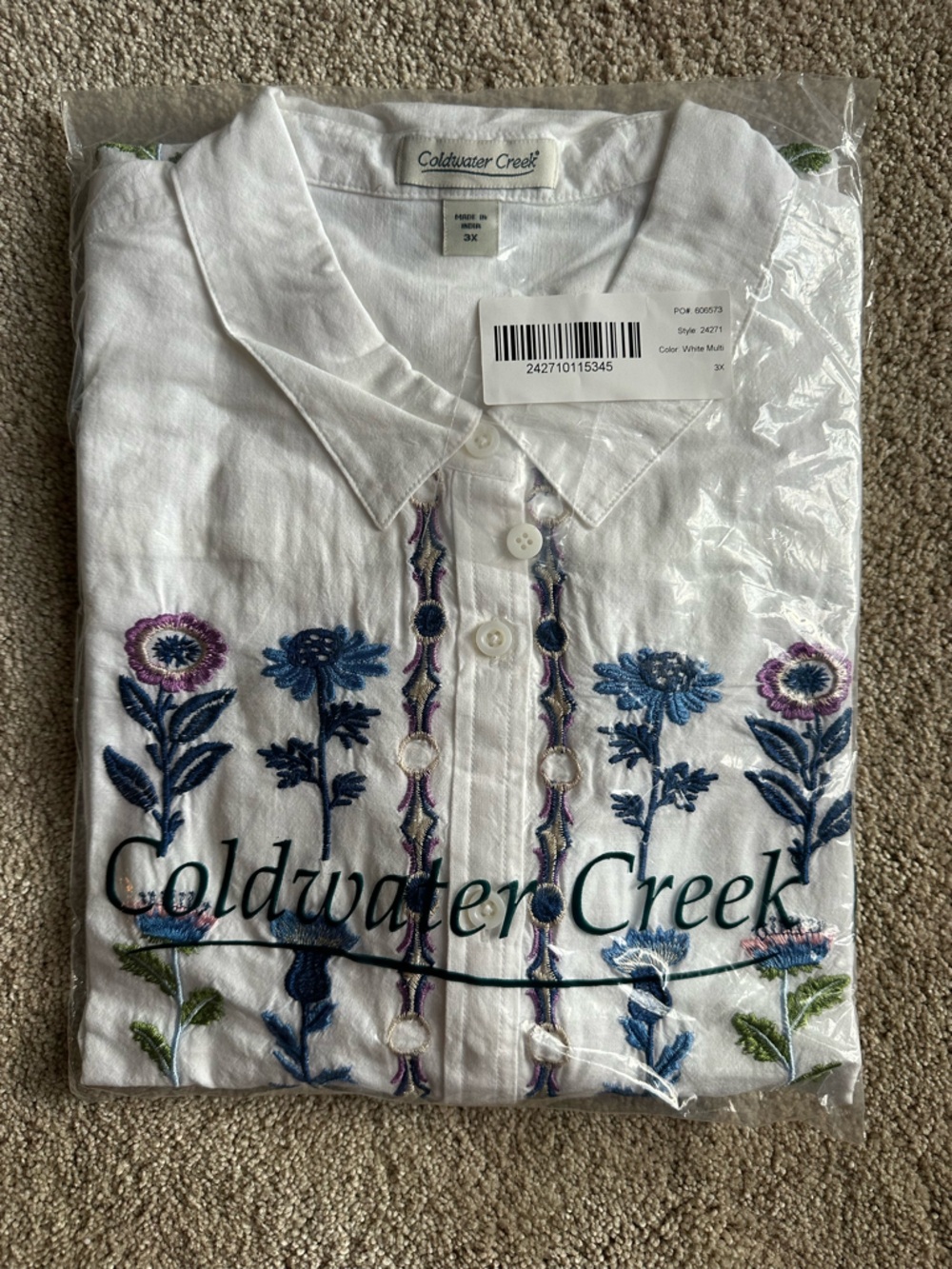 Coldwater Creek White Button-Down Shirt with Blue & Purple Floral Embroidery